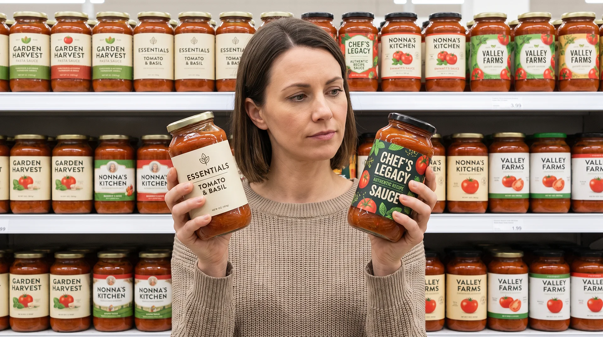 Shopper comparând o marcă proprie cu un brand al producătorului în fața raftului, ilustrând competiția private label în retail.