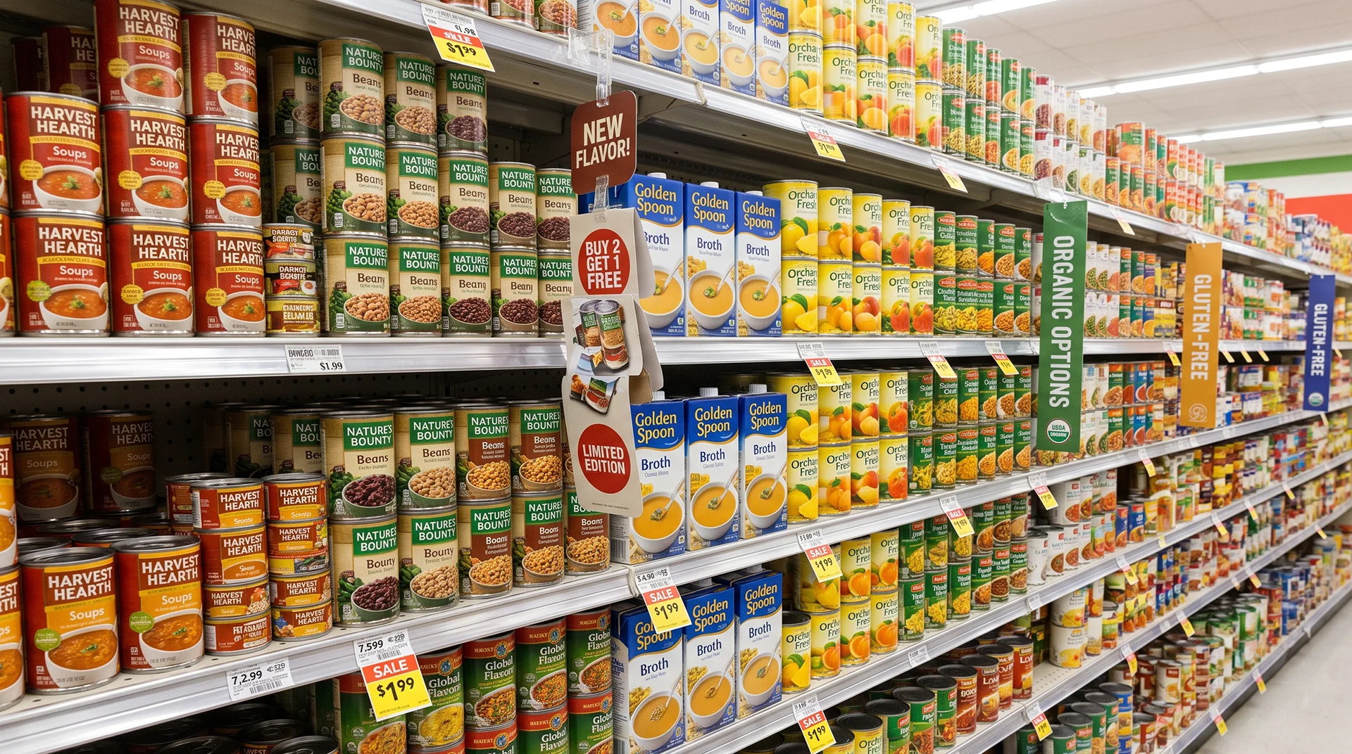 Raft de supermarket supraîncărcat cu produse și materiale promoționale, ilustrând o greșeală frecventă de merchandising.