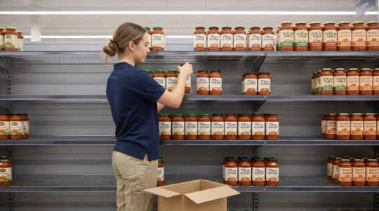 Merchandiser reaprovizionând un raft de supermarket, ilustrând importanța disponibilității și organizării corecte a produselor.