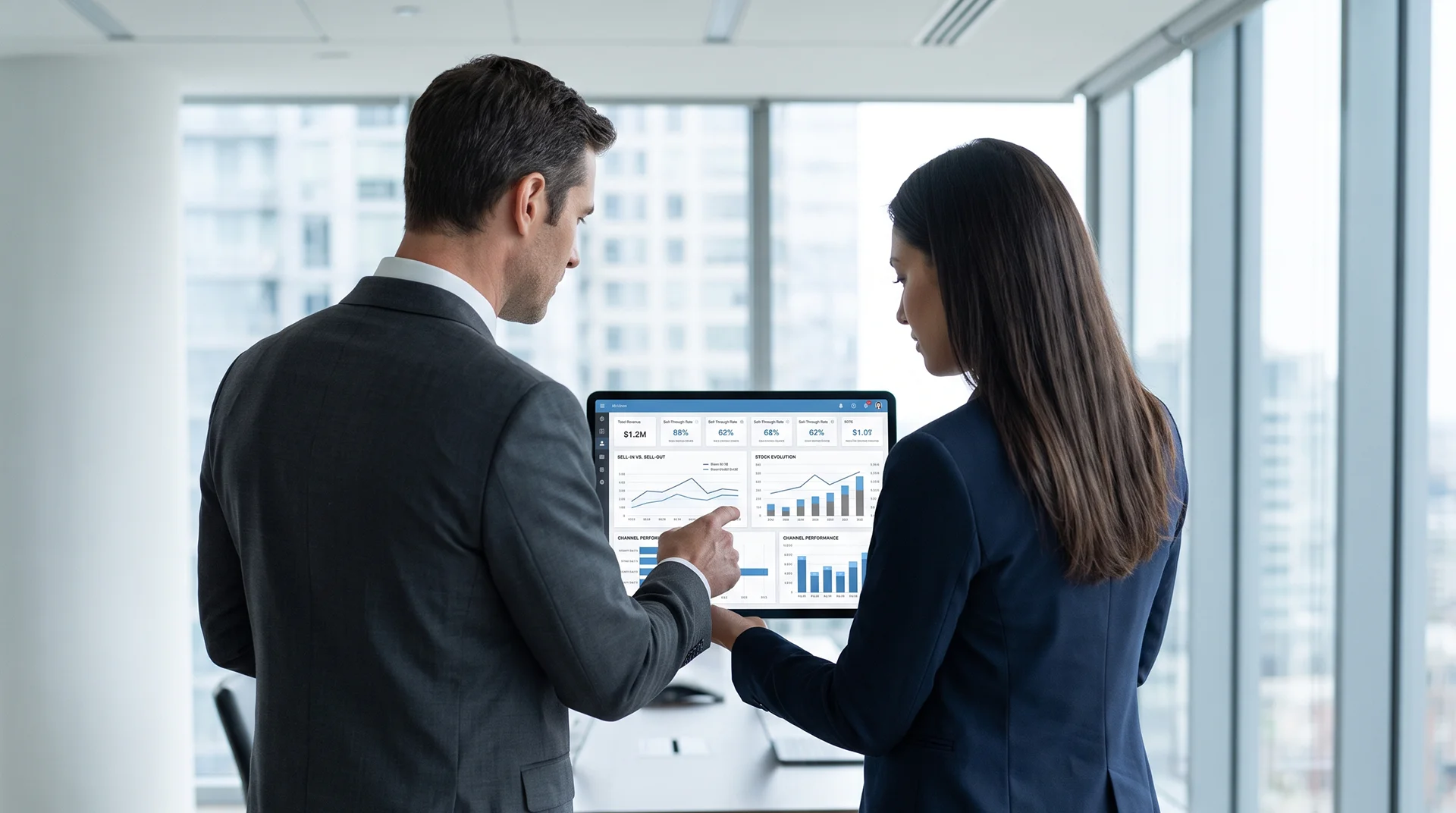 Doi profesioniști analizând pe tabletă indicatori de vânzări și performanță pentru evaluarea retail execution în industria FMCG.