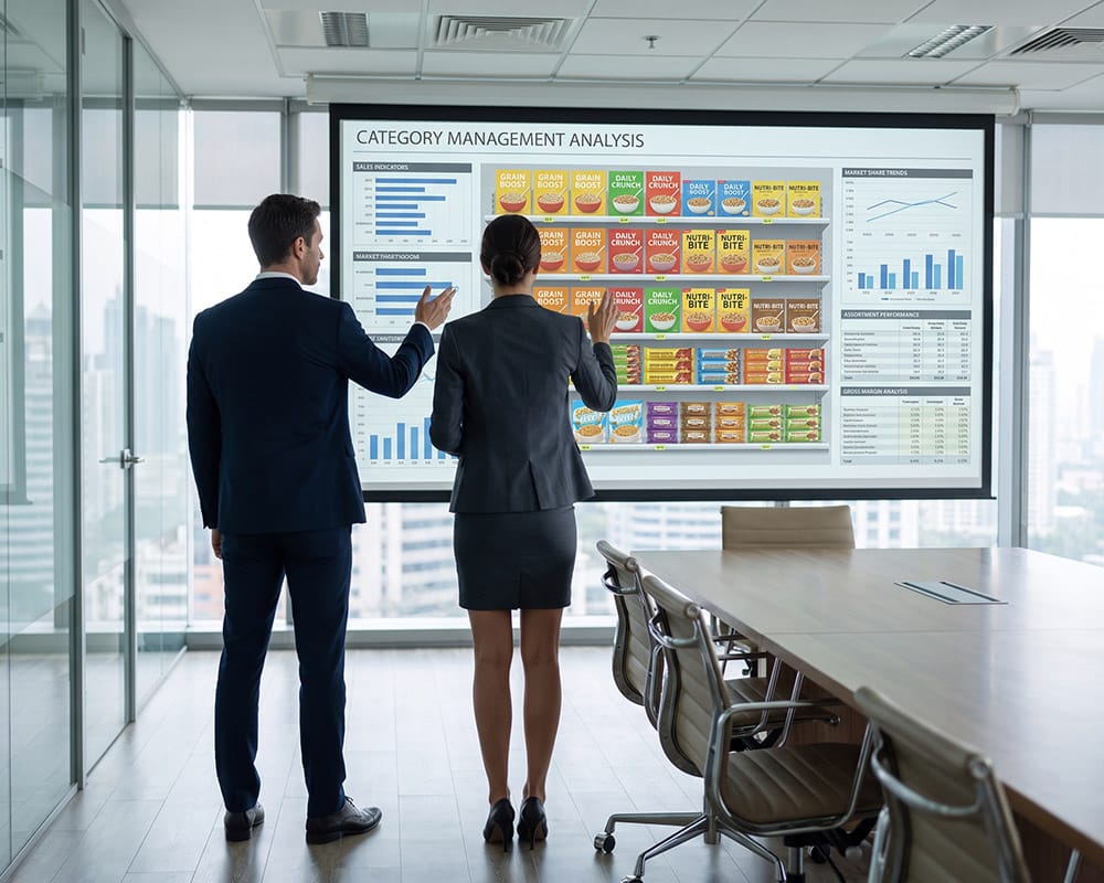 Category Management – analiză și performanță la raft Doi profesioniști analizând o planogramă și indicatori de performanță pentru category management