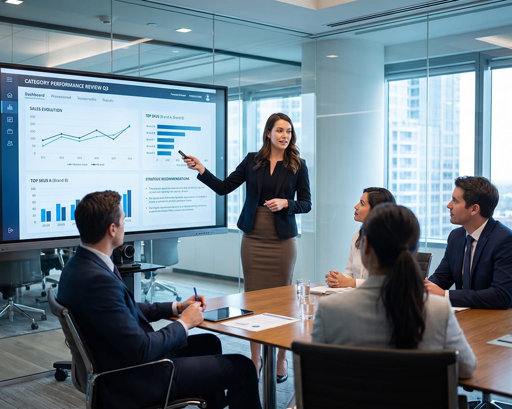 Category Review – analiză și recomandări pentru performanță Category manager prezentând echipei rezultatele categoriei, evoluția vânzărilor și recomandările strategice