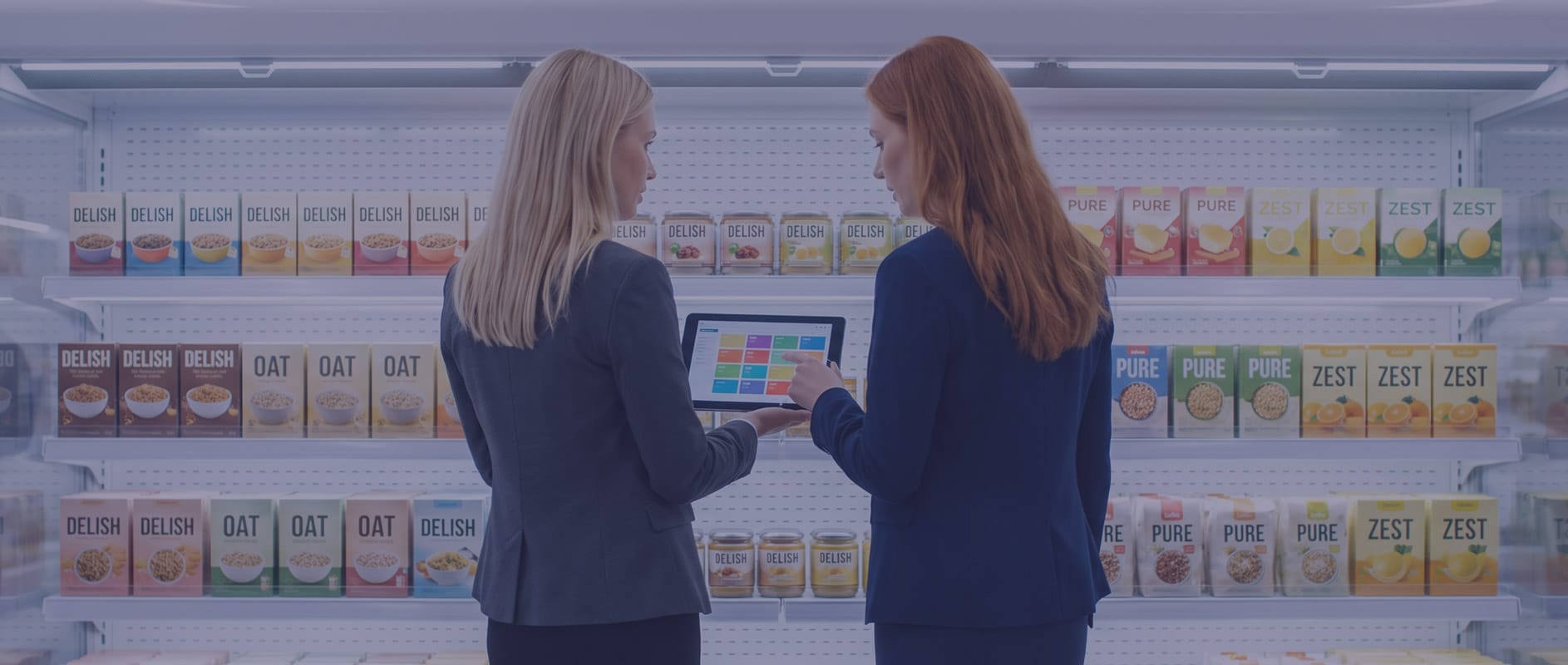 Două specialiste în retail analizând o planogramă pe tabletă în fața unui raft de supermarket