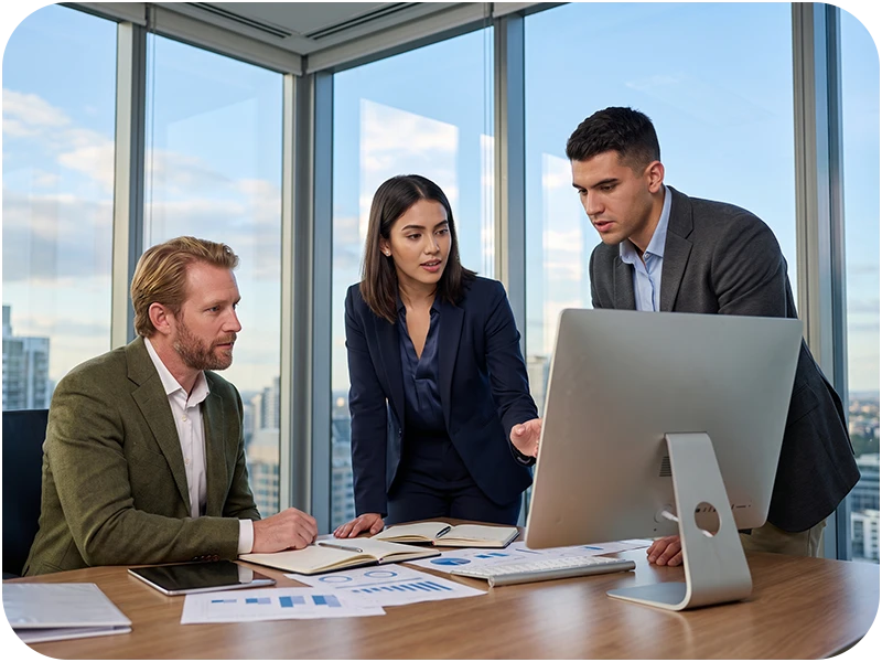 Category Management – analiză și strategie comercială Echipă de profesioniști analizând date și sortimentația în cadrul unei sesiuni de category management.