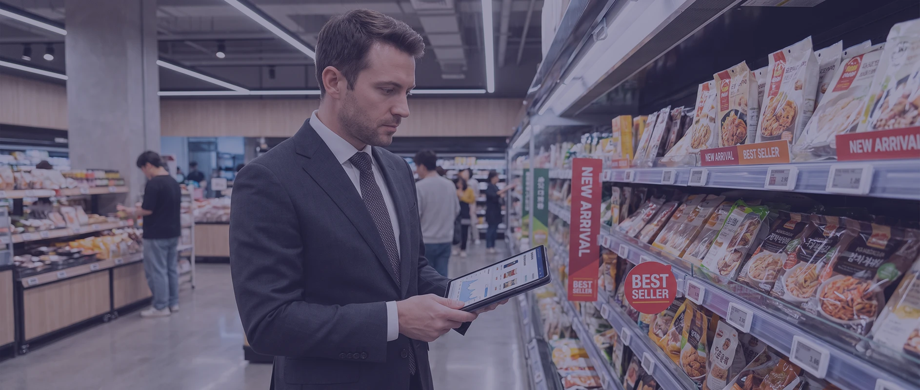 Specialist în trade marketing analizând performanța produselor la raft într-un supermarket