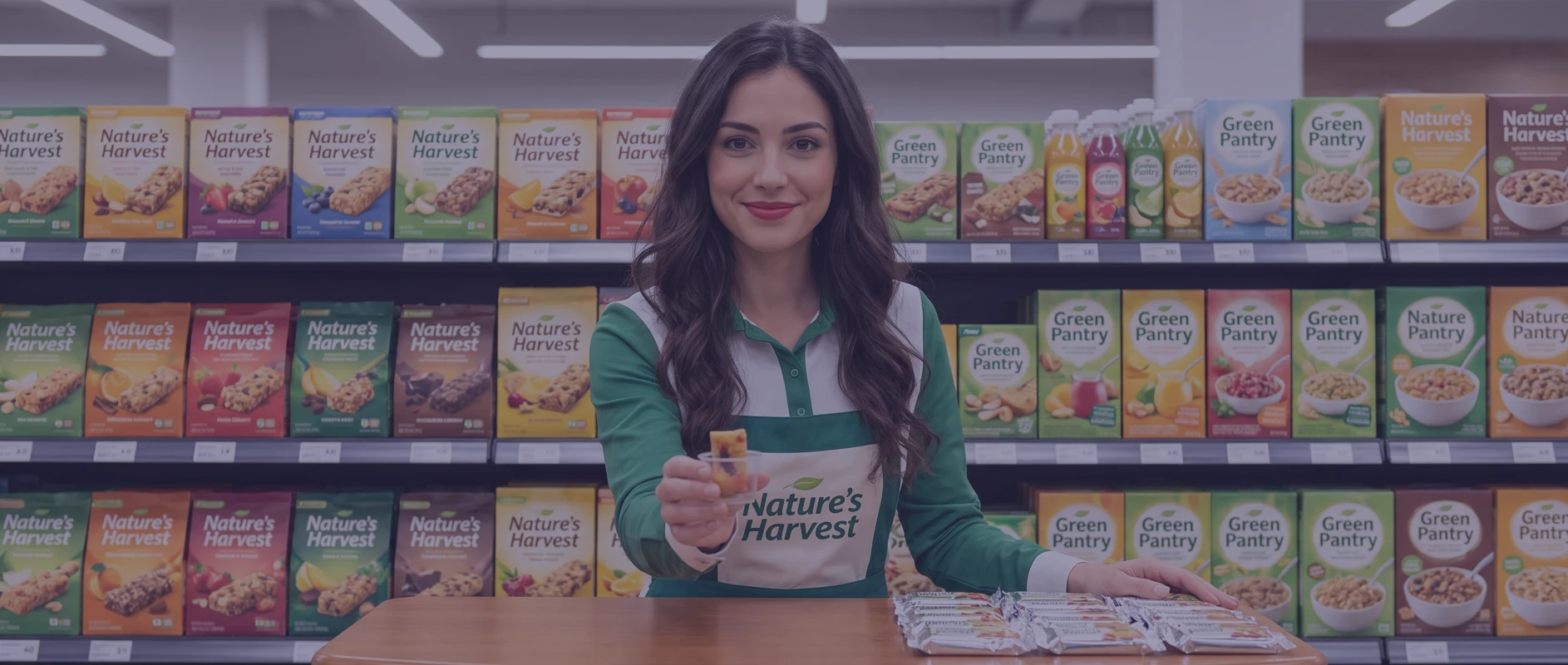 Promoteriță oferind un sample într-un supermarket, în cadrul unei activări promoționale la raft.