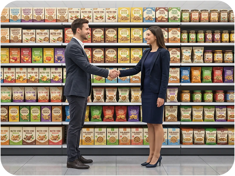 Vânzări și performanță – colaborare comercială în retail Doi profesioniști încheind un acord în fața unui raft de supermarket, ilustrând colaborarea comercială, vânzările și performanța în retail.