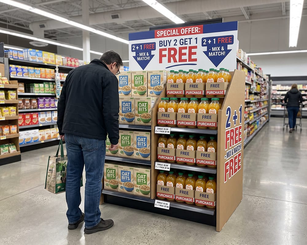Promoții în retail – mecanică promoțională 2+1 Shopper analizând un display promoțional 2+1 într-un supermarket