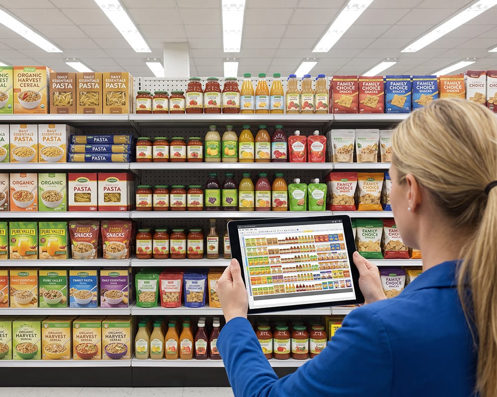 Retail Execution – verificarea planogramei la raft Specialistă în retail execution verificând planograma și organizarea produselor la raft cu ajutorul unei tablete