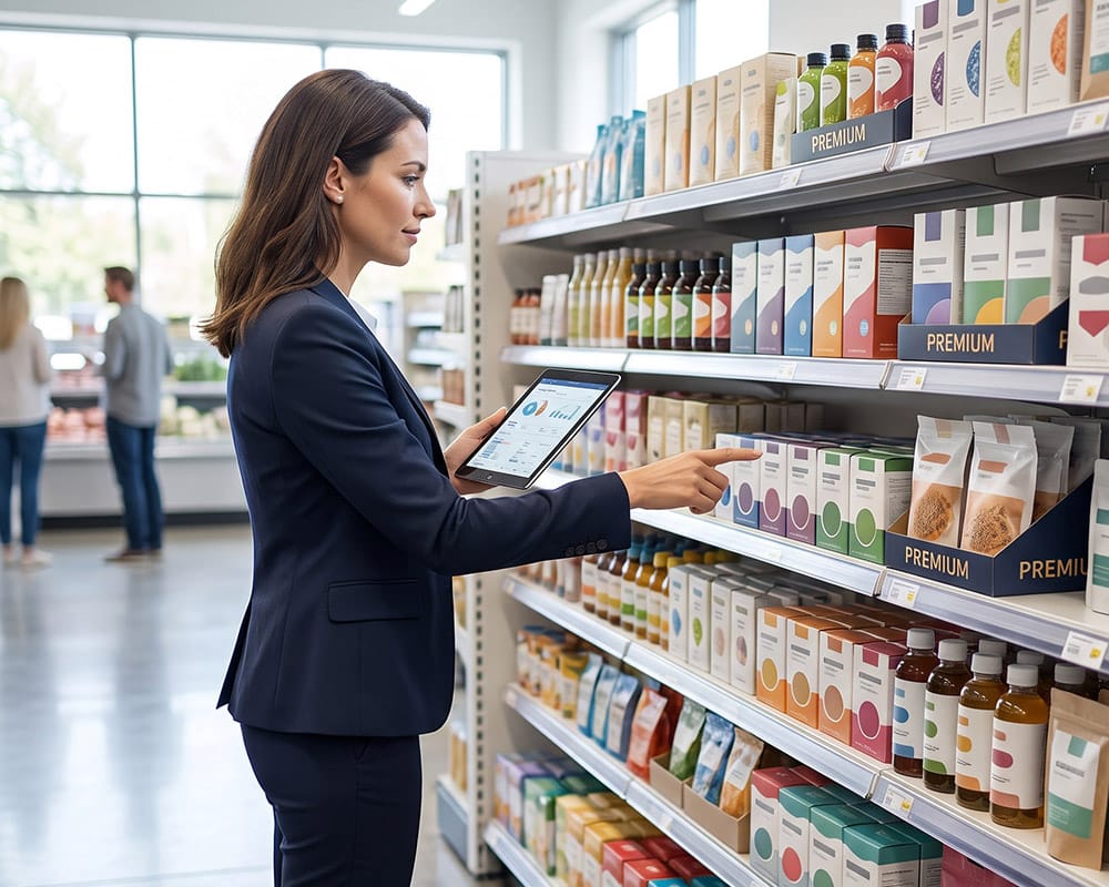 Trade Marketing – analiză și execuție la raft Specialistă în trade marketing analizând produsele și execuția la raft într-un supermarket