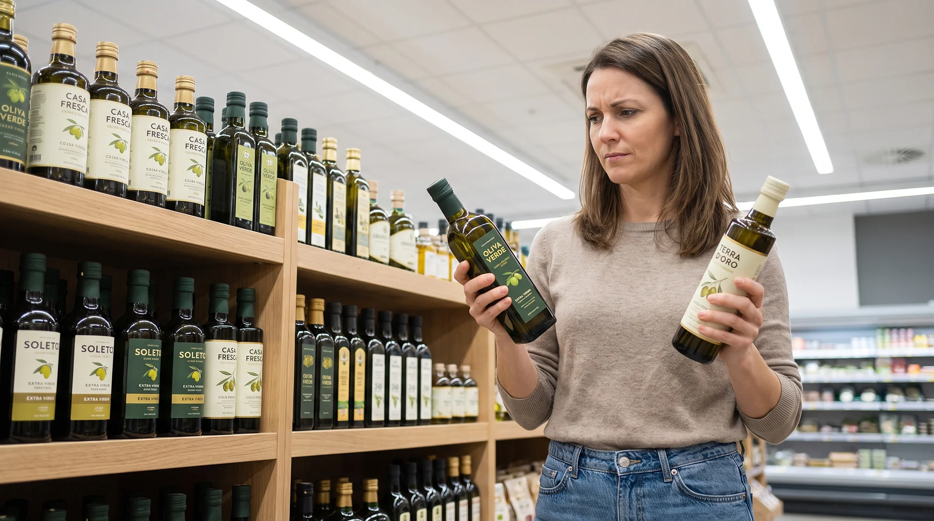 Consumatoare comparând două produse din aceeași categorie la raft, ilustrând procesul de evaluare și decizia de cumpărare în marketing B2C.