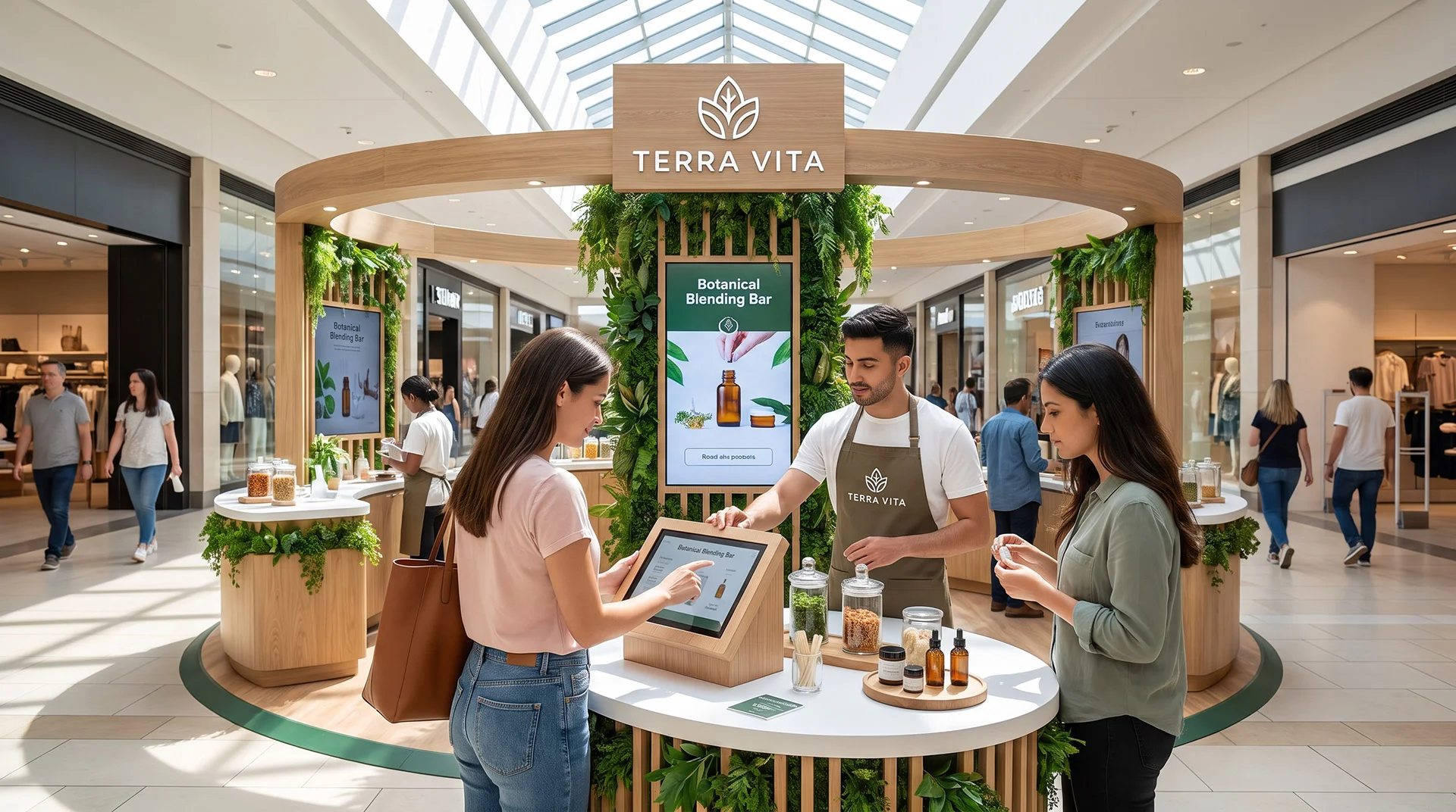 Consumatori participând la o activare de brand într-un spațiu comercial, cu demonstrație și experiență interactivă de produs.