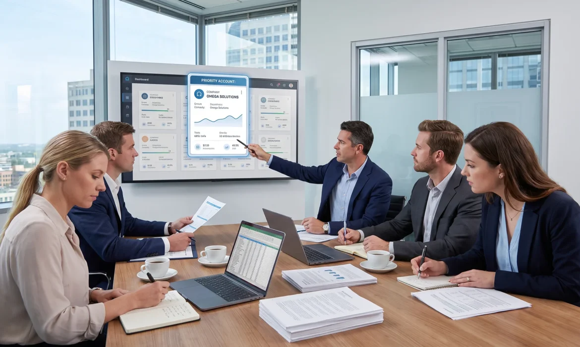 Echipă de marketing și vânzări analizând mai multe conturi B2B și selectând un client strategic prioritar.