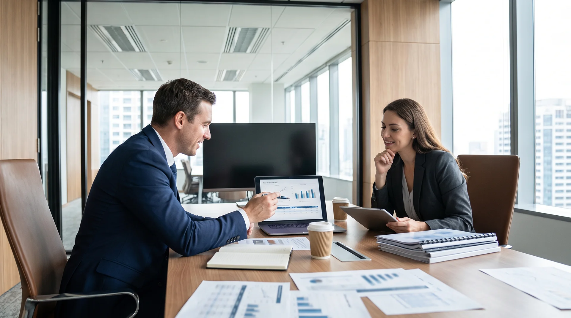 Sales manager prezentând unui client strategic o soluție B2B, cu laptop, documente și grafice de performanță.
